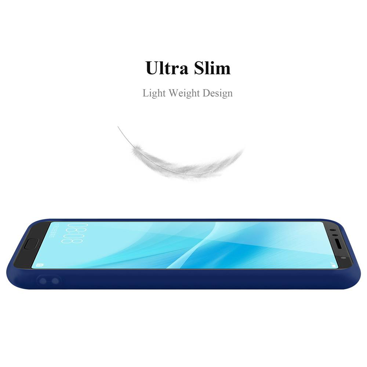 Custodia blu con telefono. Testo: Ultra sottile, design leggero.