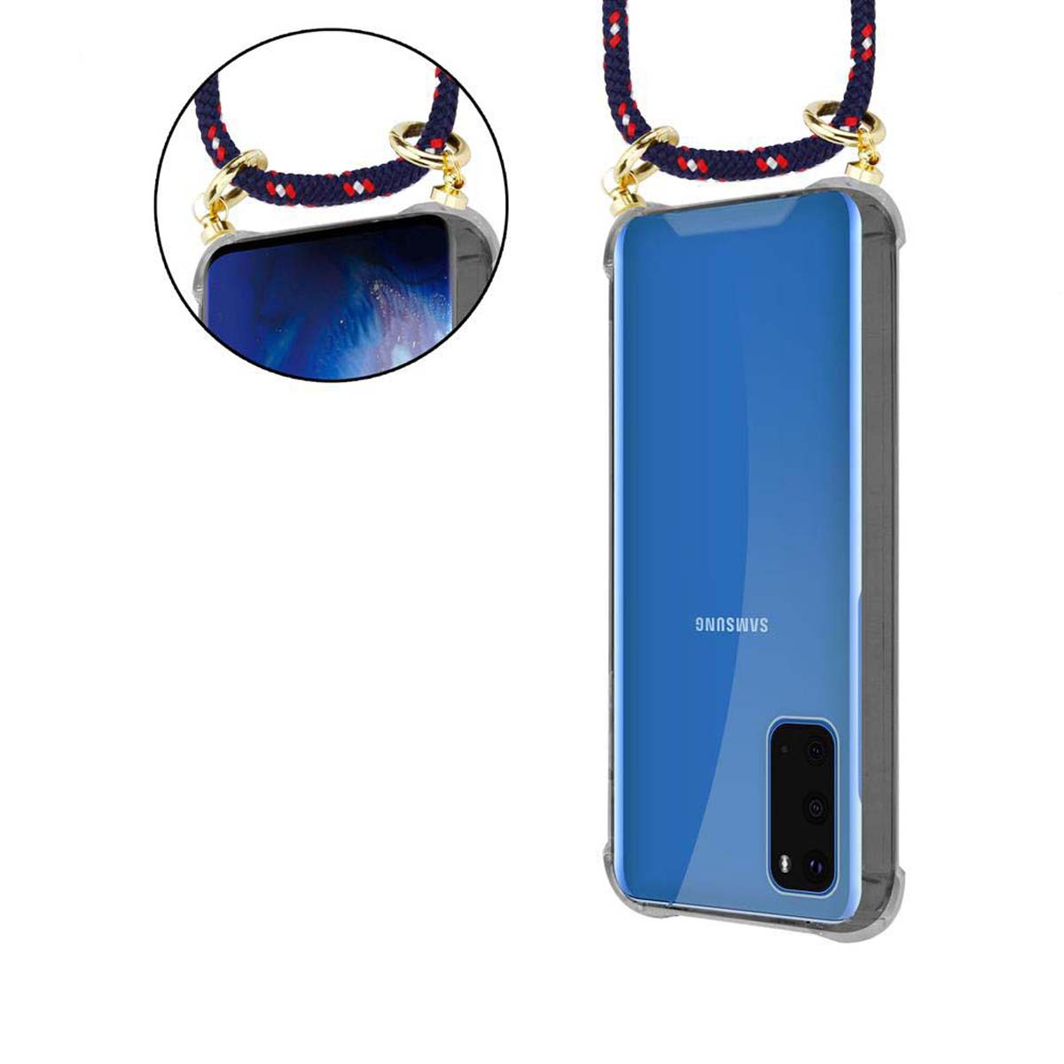 Primo piano di un telefono Samsung in una custodia trasparente con un cordino blu navy, su sfondo bianco.