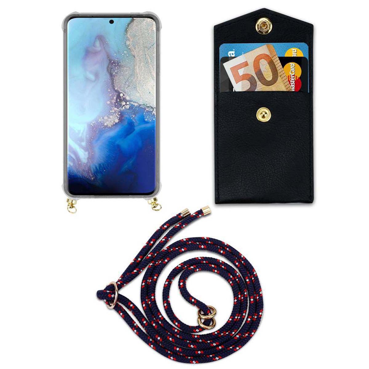 Uno smartphone in una custodia trasparente, una custodia a portafoglio nera con carte e un cinturino blu navy.
