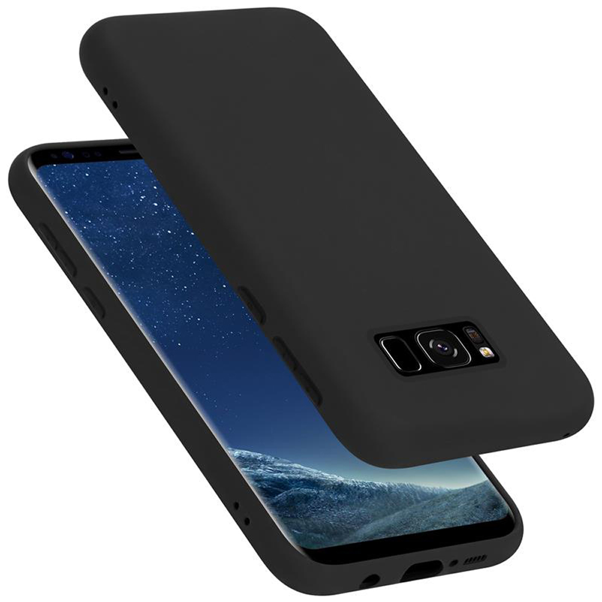 Zwei schwarze Handyhüllen. Eine bedeckt das Telefon, die andere ist abgenommen. Beide haben eine Kameraaussparung.