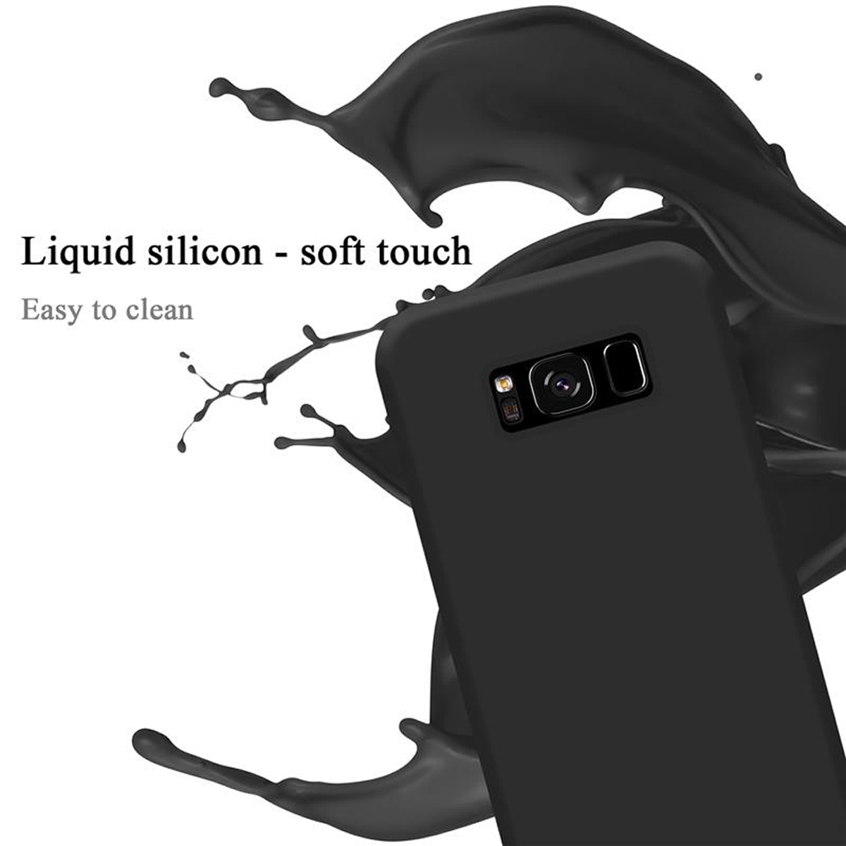 Schwarze Handyhülle mit schwarzem Flüssigkeitsspritzer. Text: Flüssigsilikon - Soft-Touch. Leicht zu reinigen.