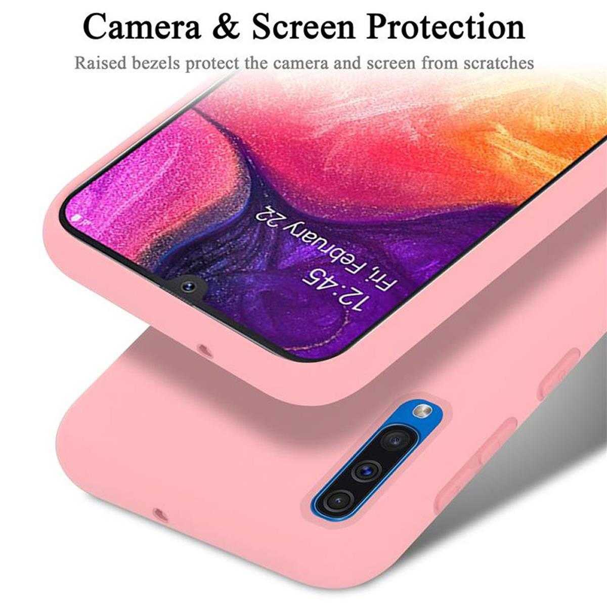 Eine rosa Handyhülle über einer anderen, mit einem Telefonbildschirm, der eine Uhr anzeigt. Text: 'Kamera & Bildschirm'.