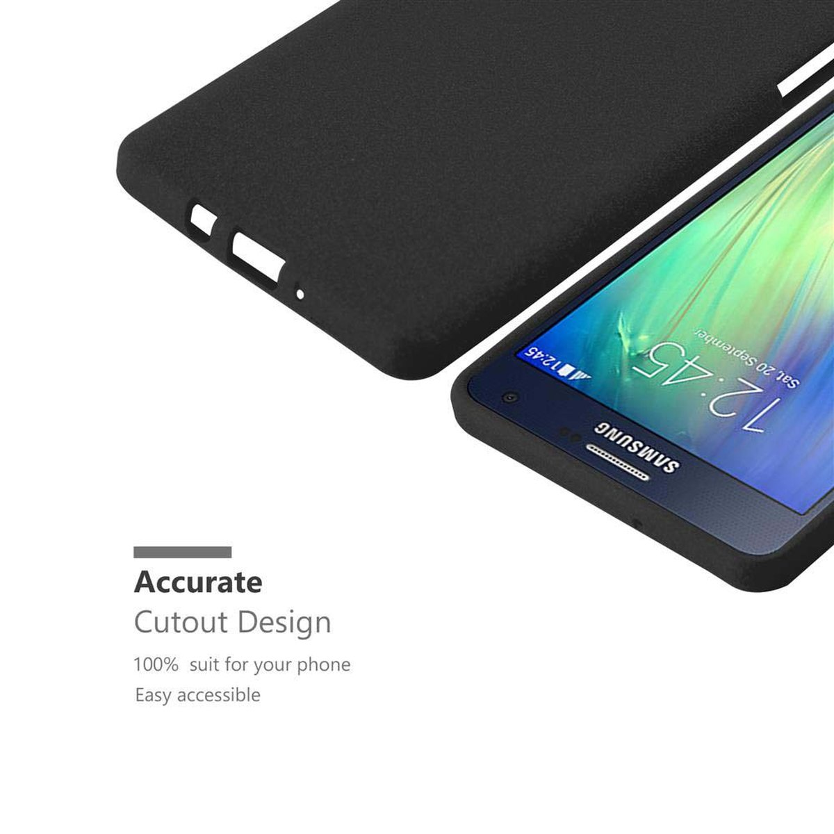 Custodia nera con telefono su superficie bianca. Il testo menziona il design ritagliato.