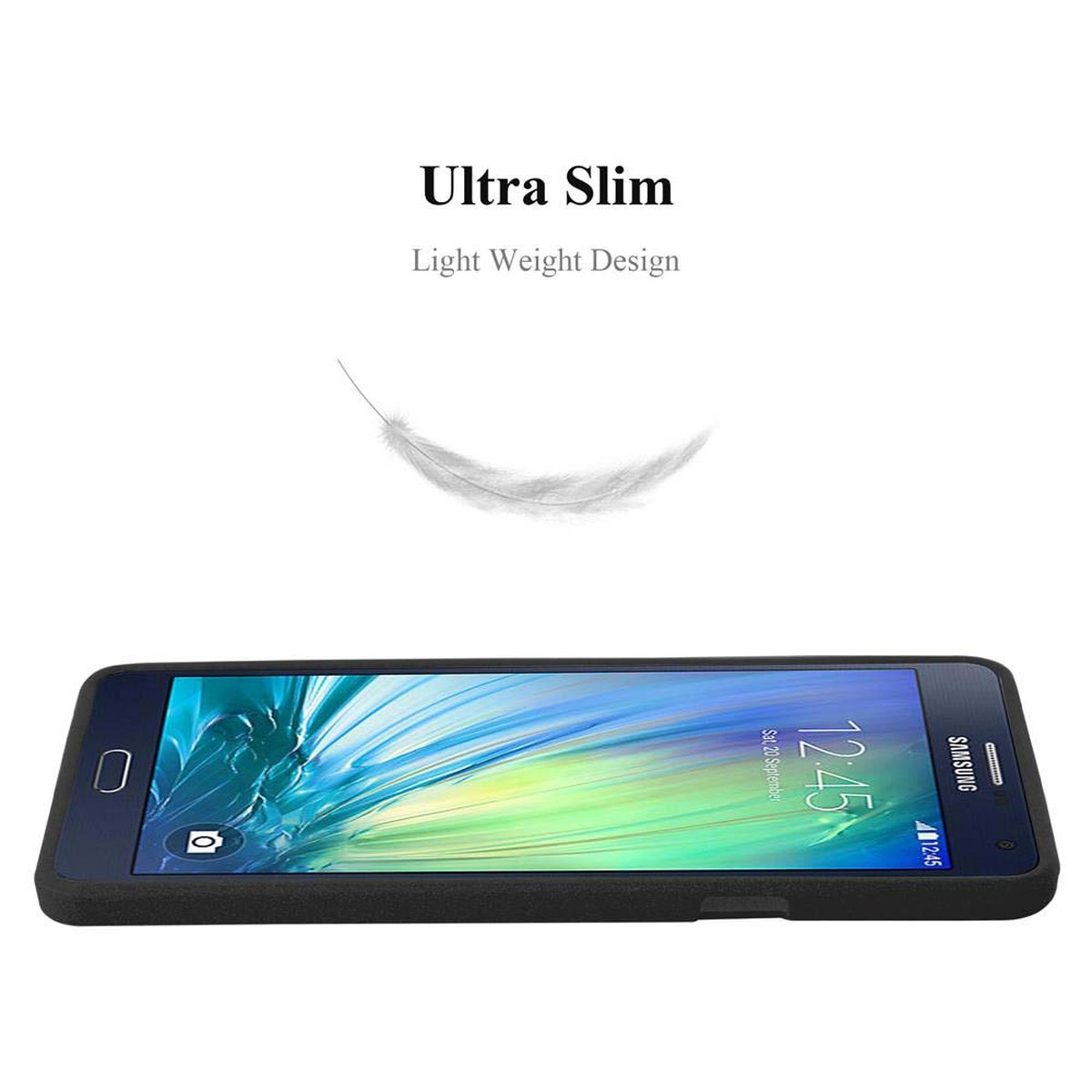 Telefono nero su superficie bianca. Testo: Ultra Slim, Light Weight Design. Una piuma fluttua sopra il telefono.