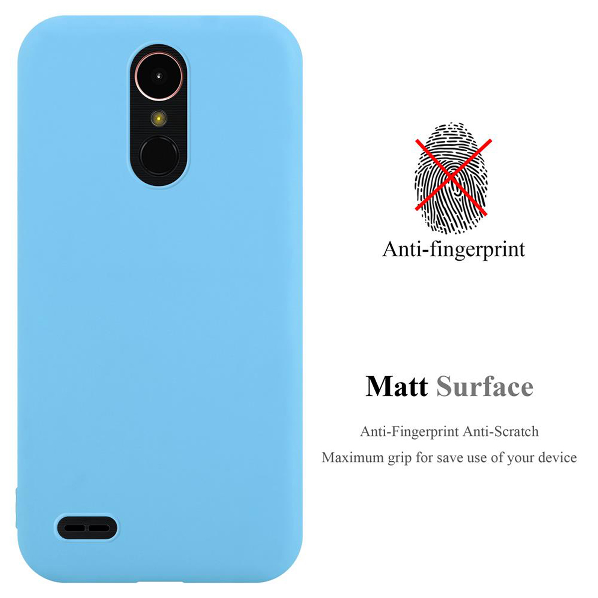 Hellblaue Handyhülle mit Fingerabdrucksymbol und den Wörtern Anti-Fingerabdruck und Matt Surface.