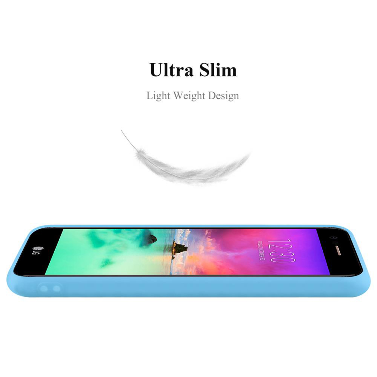 Eine hellblaue Handyhülle mit dem Text 'Ultra Slim, Light Weight Design' und einer Feder auf weißem Hintergrund.