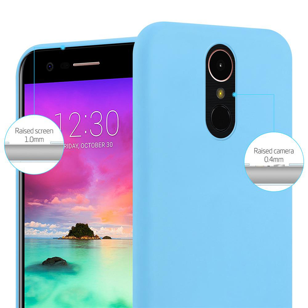Nahaufnahme einer blauen Handyhülle mit Telefon. Textkennzeichnungen heben Bildschirm & Kamera hervor.