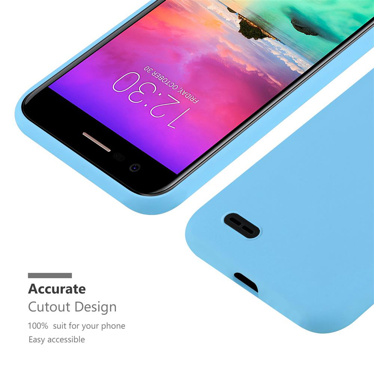 Blaue Handyhülle. Ein Telefon ist drin. Text 'Accurate Cutout Design' ist sichtbar.