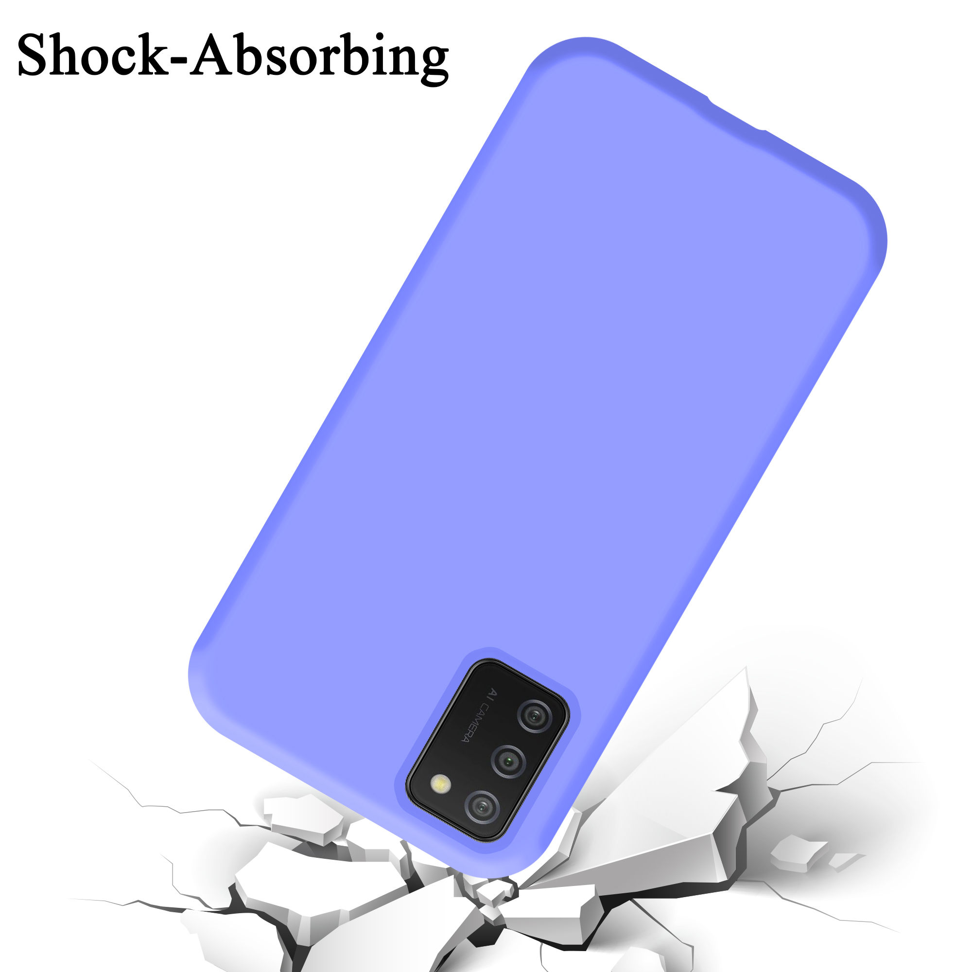Una custodia blu per telefono cade, crepe appaiono sul terreno. Testo: Antiurto.