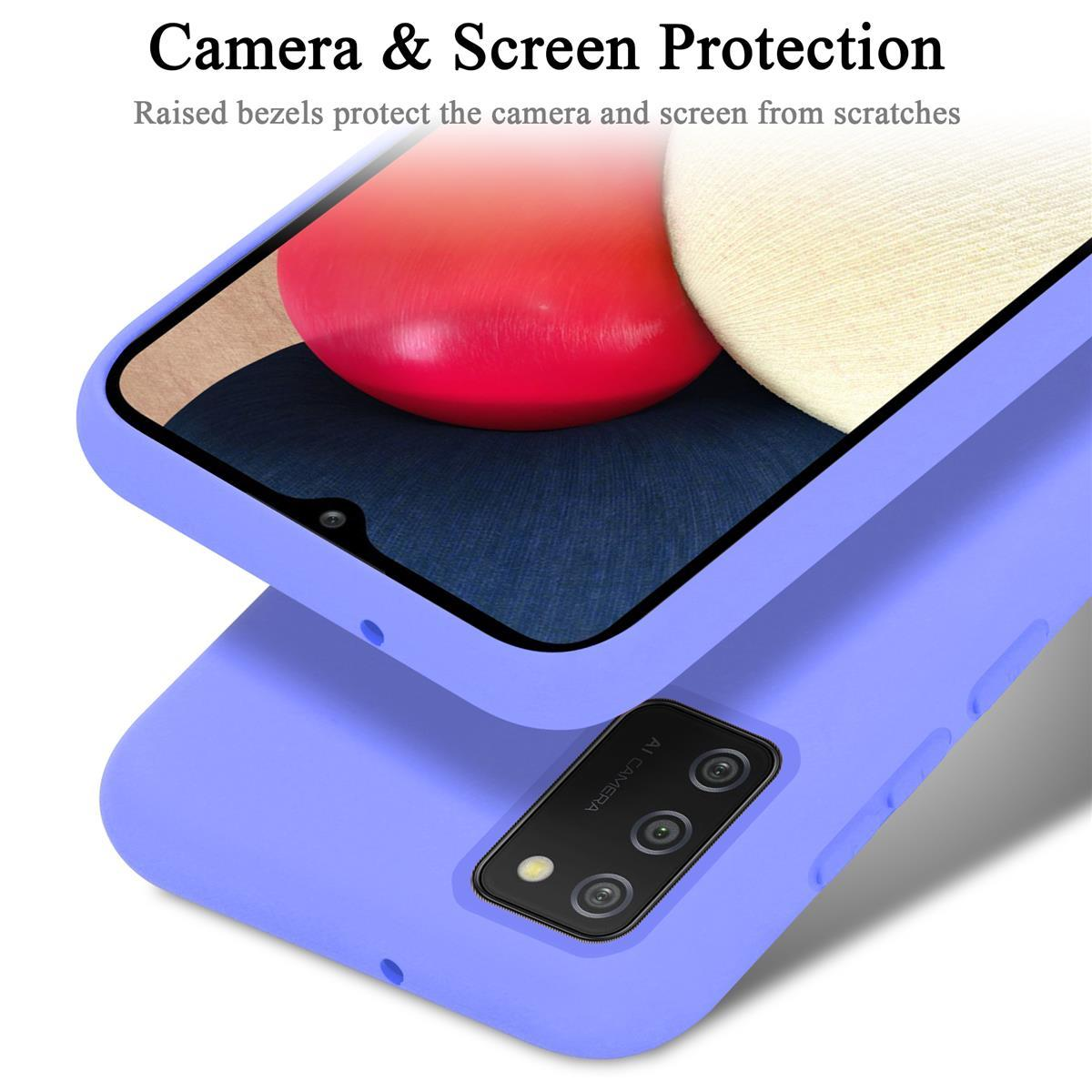 Custodia lavanda con telefono. Schermo rosso e crema. Dettagli fotocamera e telefono.