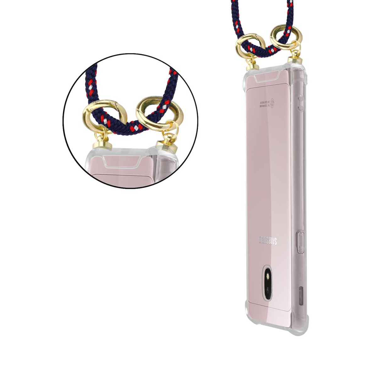 Un telefono in una custodia trasparente con un cinturino, con un primo piano del design del cinturino.