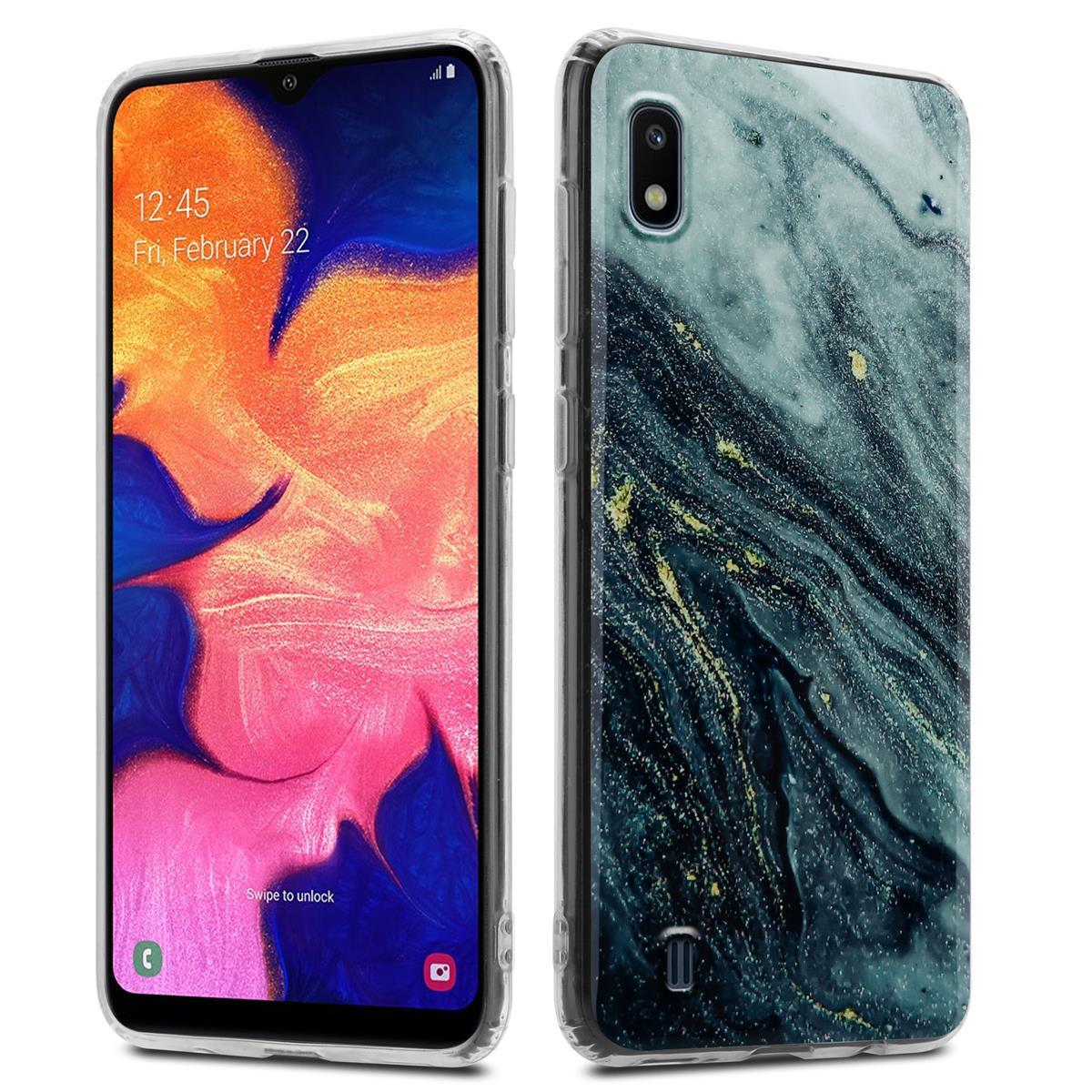 Telefono con custodia trasparente, che mostra lo schermo e la cover posteriore con una texture marmorea.