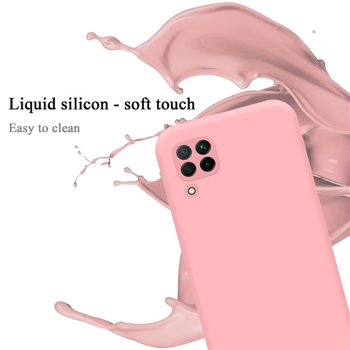 Custodia rosa con quattro ritagli per fotocamera. Effetto liquido rosa chiaro sullo sfondo.