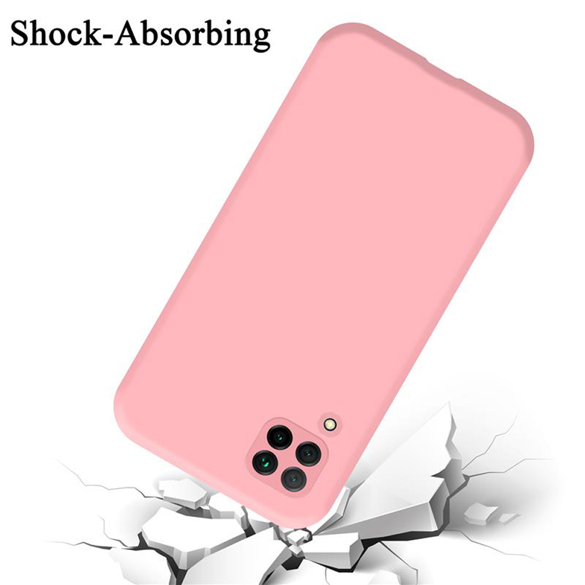Custodia rosa per telefono che cade e si rompe a terra. Sfondo bianco. Tre lenti della fotocamera.