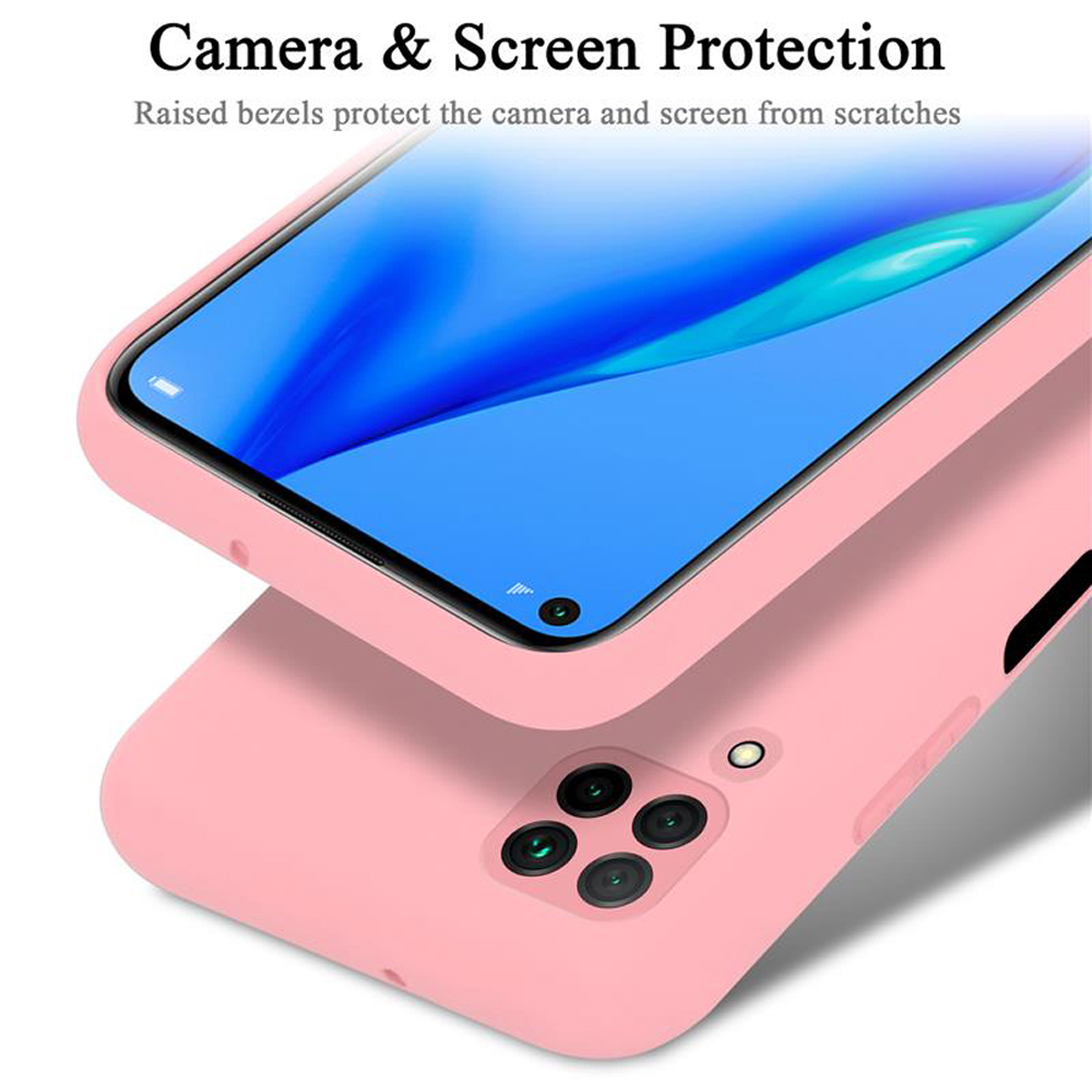Custodia per telefono rosa con schermo blu. Testo in alto: Protezione fotocamera e schermo.