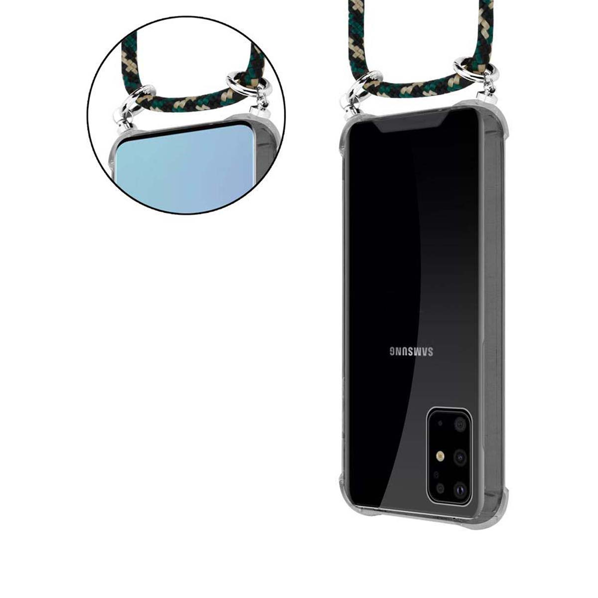 Un telefono in una custodia trasparente, un cinturino, la custodia del telefono mostra la parte posteriore del telefono.
