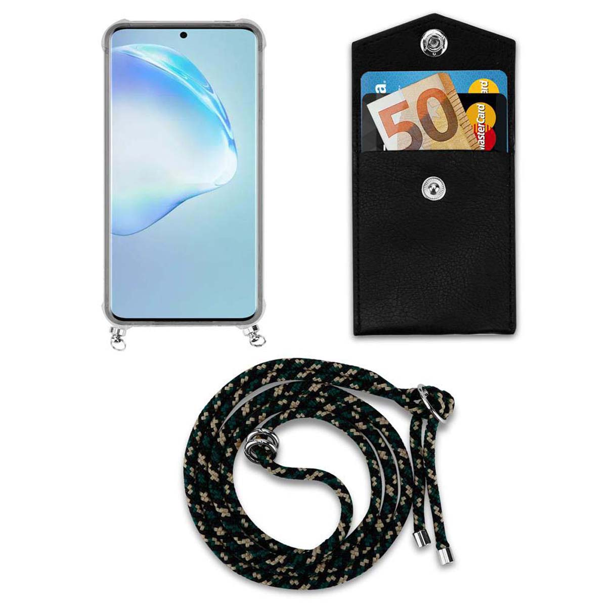 Telefono con cordino e portafoglio. Portafoglio con carte. Il telefono mostra uno sfondo astratto colorato.
