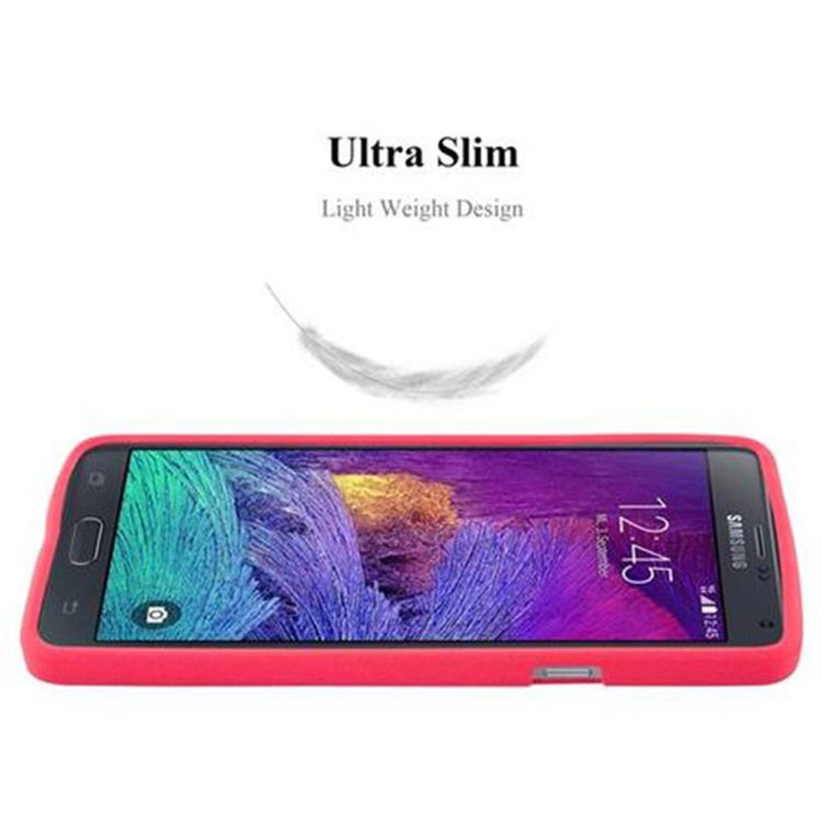 Un telefono con una custodia rossa è appoggiato su una superficie bianca. È un design leggero.