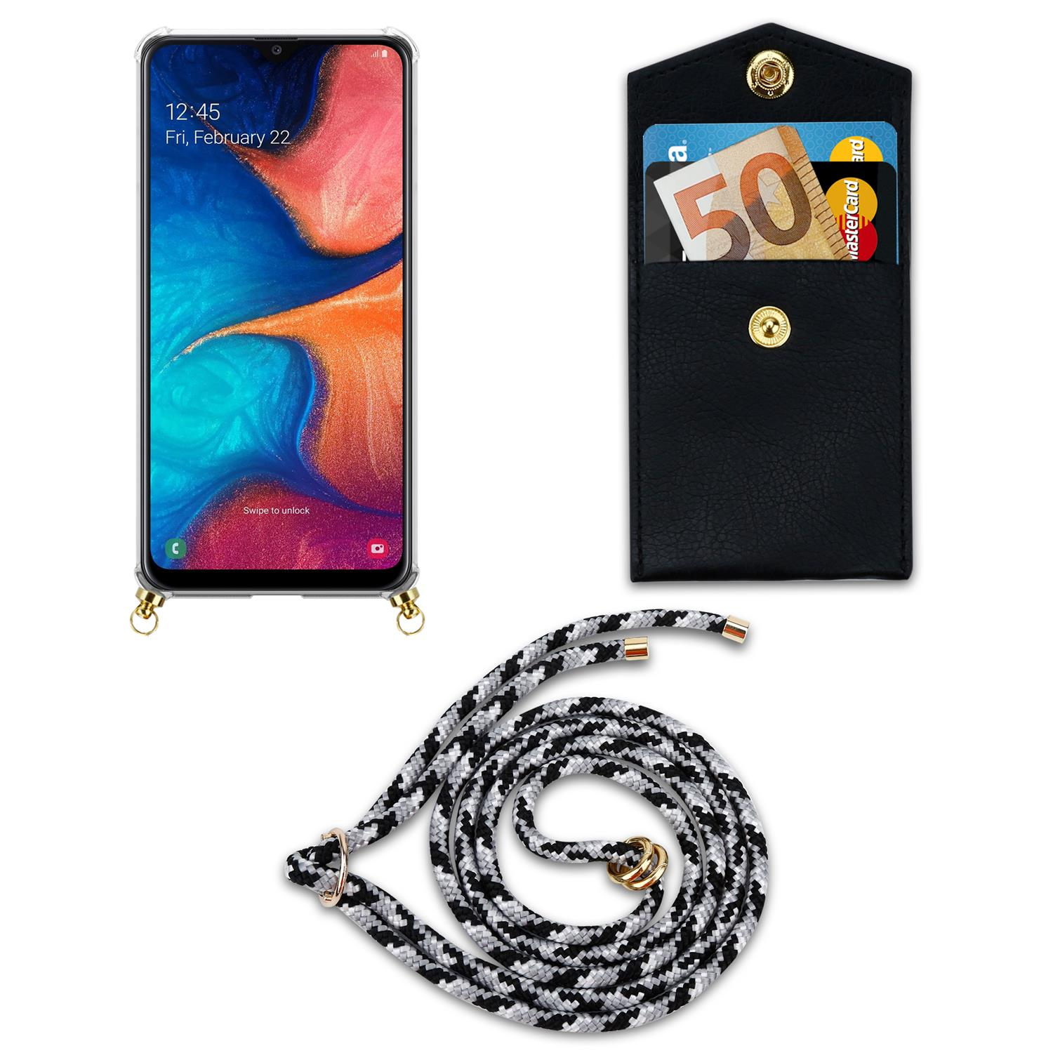 CADORABO Handy Kette mit Gold Samsung, A20 / CAMOUFLAGE Band Kordel und Ringen, abnehmbarer A30 SCHWARZ M10s, / Backcover, Galaxy Hülle
