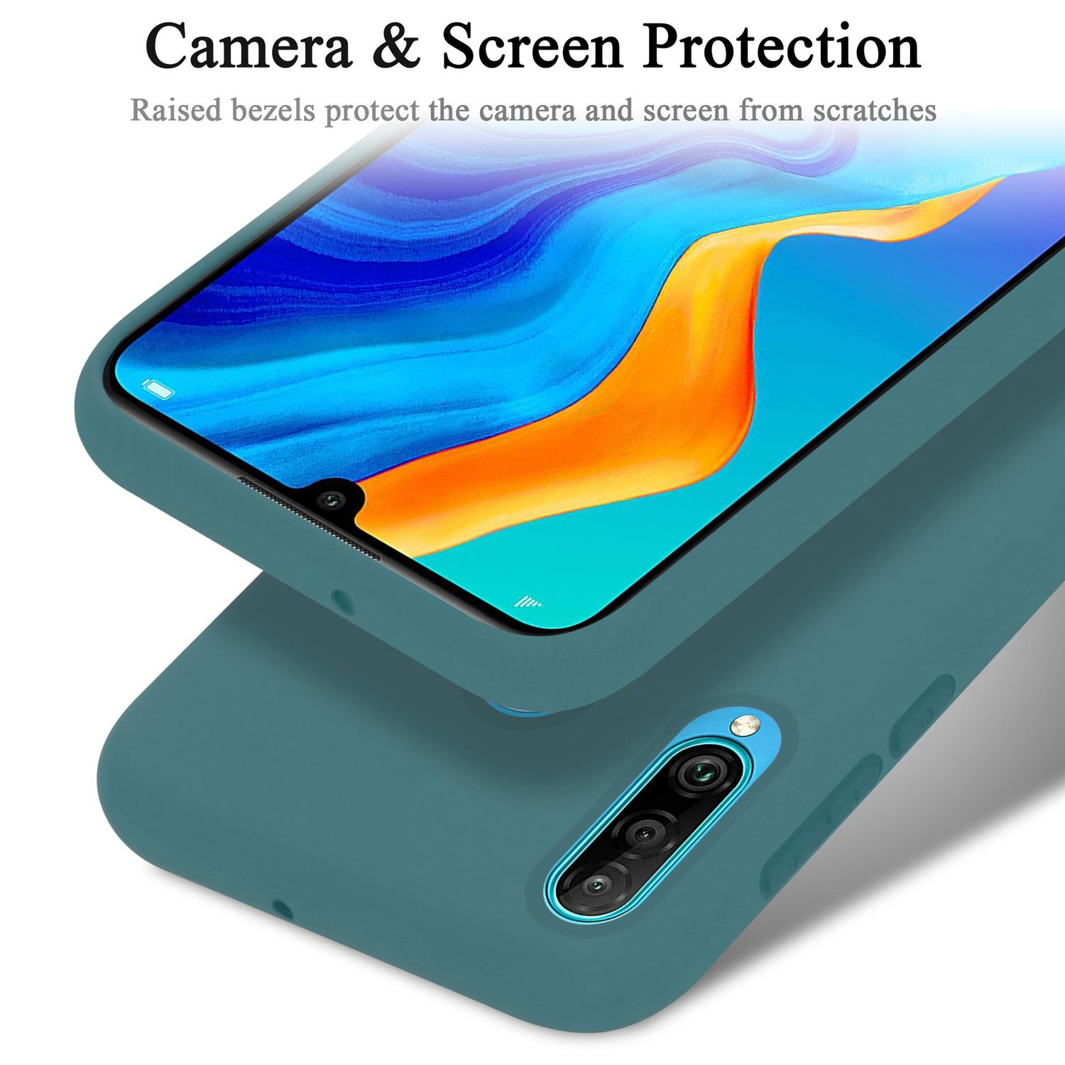 Una custodia e un telefono color turchese, la fotocamera e lo schermo sono visibili. Lo sfondo è bianco.