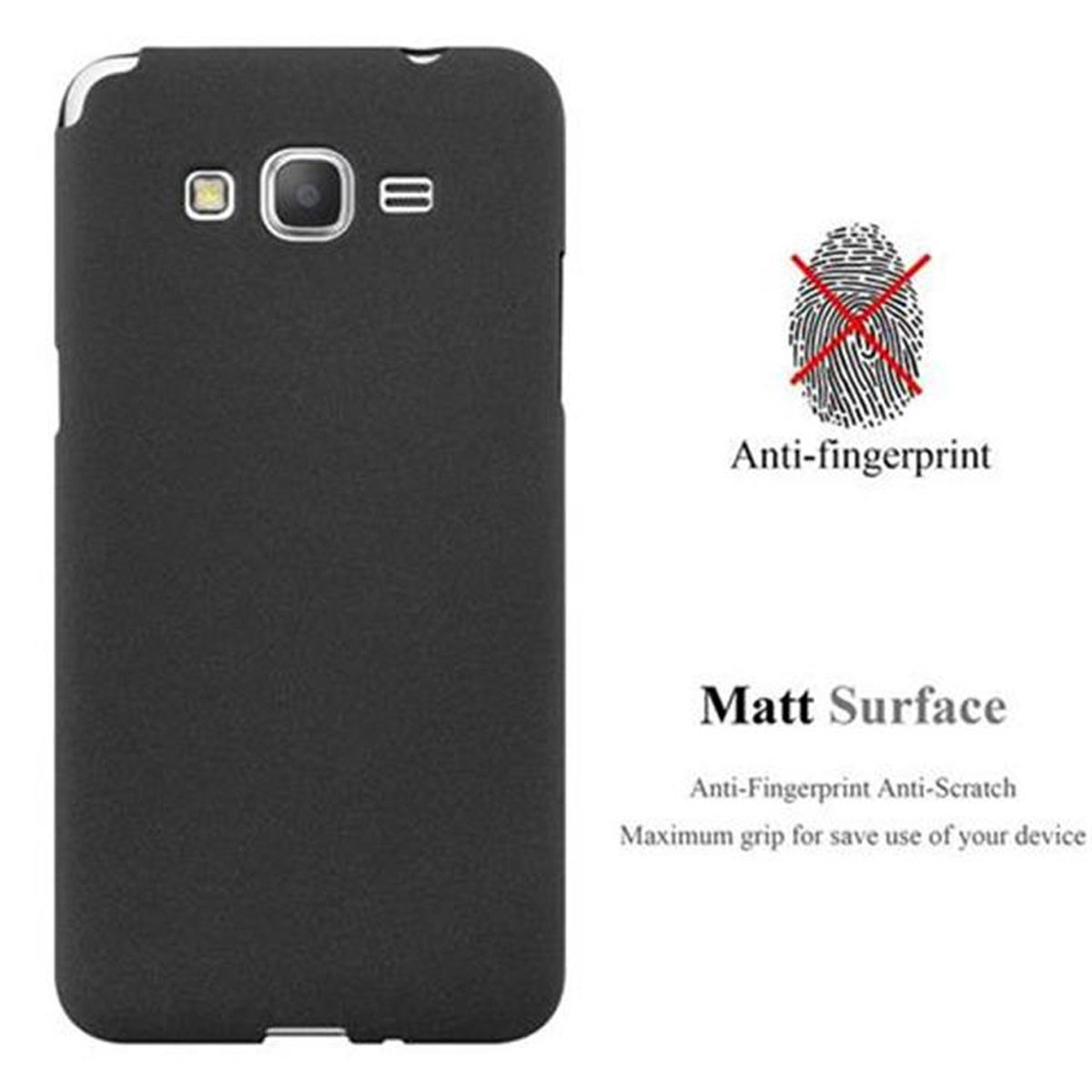 Una funda negra para teléfono con el texto 'Anti-fingerprint' y 'Matt Surface'. Anti-arañazos.
