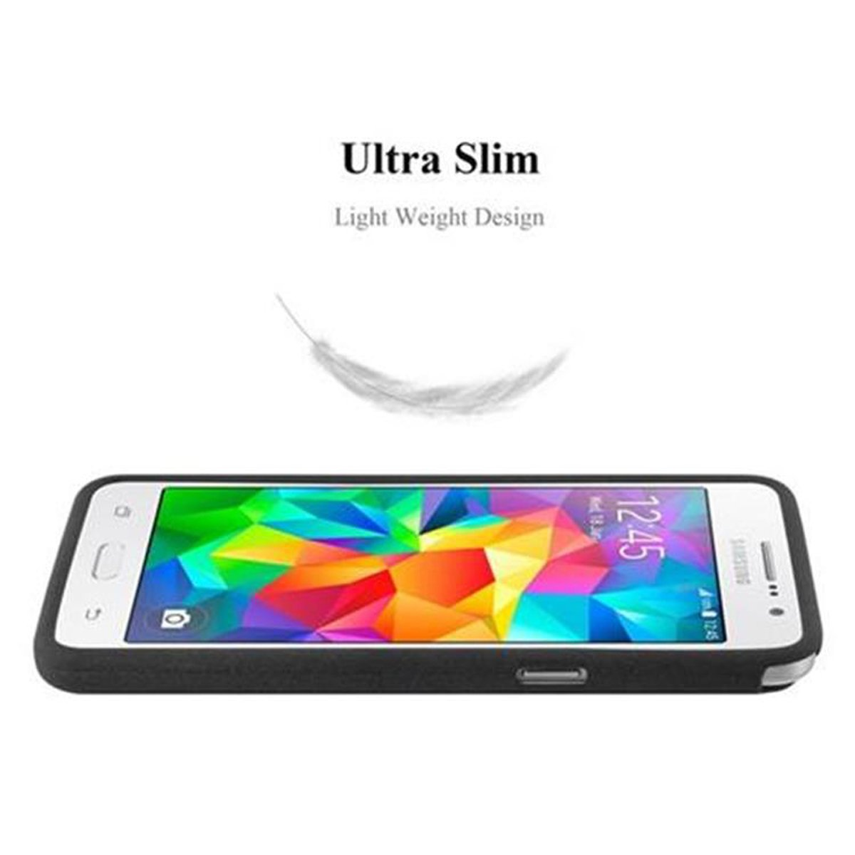Un teléfono negro con una funda negra. Texto: 'Ultra Slim' y 'Light Weight Design'.