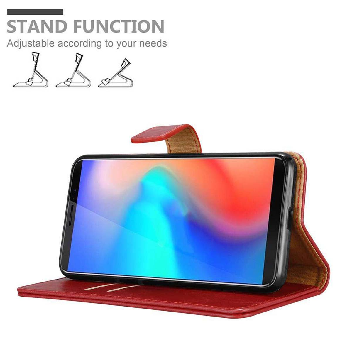 Ein Telefon in einem roten Gehäuse steht offen. Text: 'Standfunktion'.