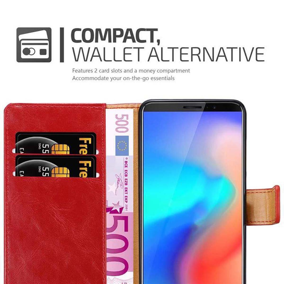 Eine rote Brieftaschen-Handyhülle mit Karten und Geld. Das Telefon ist sichtbar.