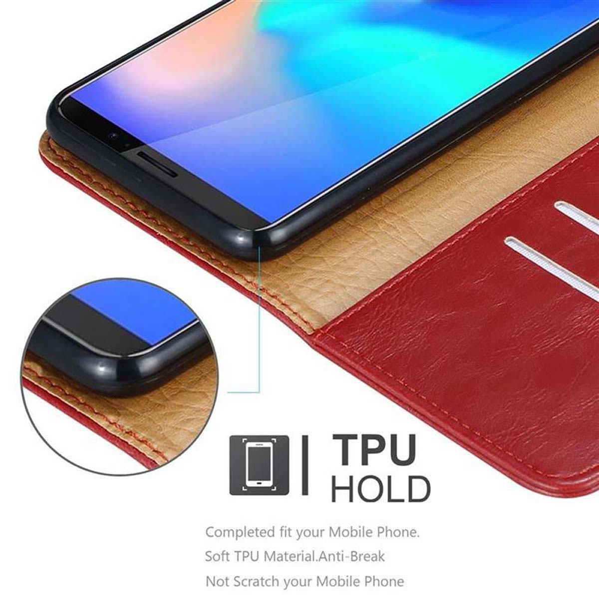 Eine rote Geldbörsenhülle hält Karten und Geld, mit einem Telefon, das die Uhrzeit anzeigt.