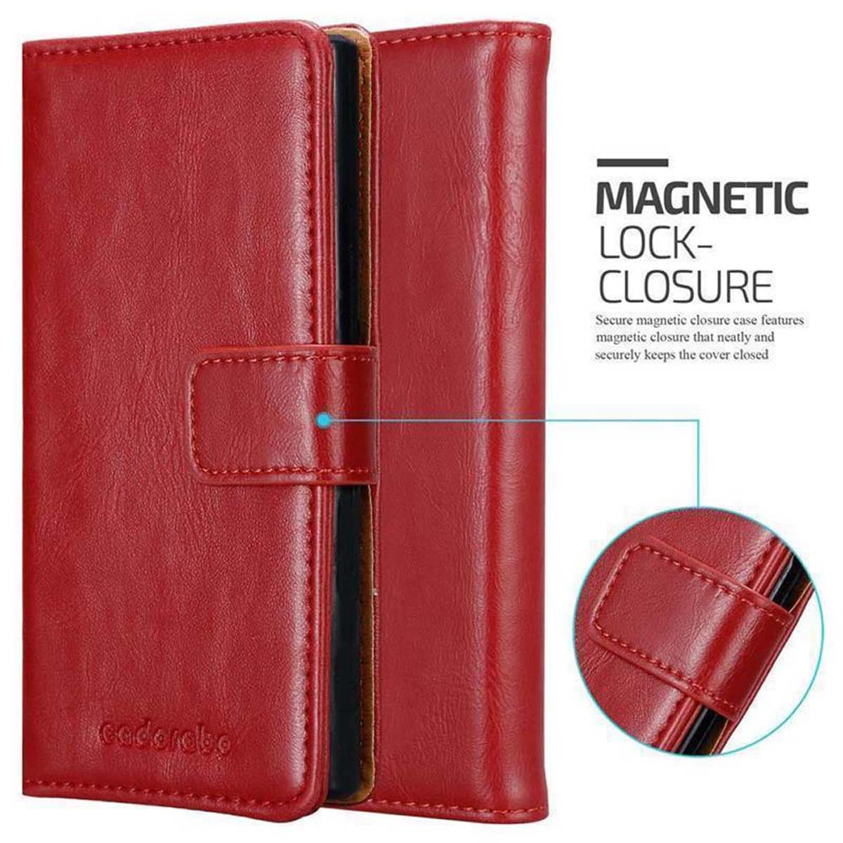 Rote Handyhülle mit Magnetverschluss im Detail gezeigt.