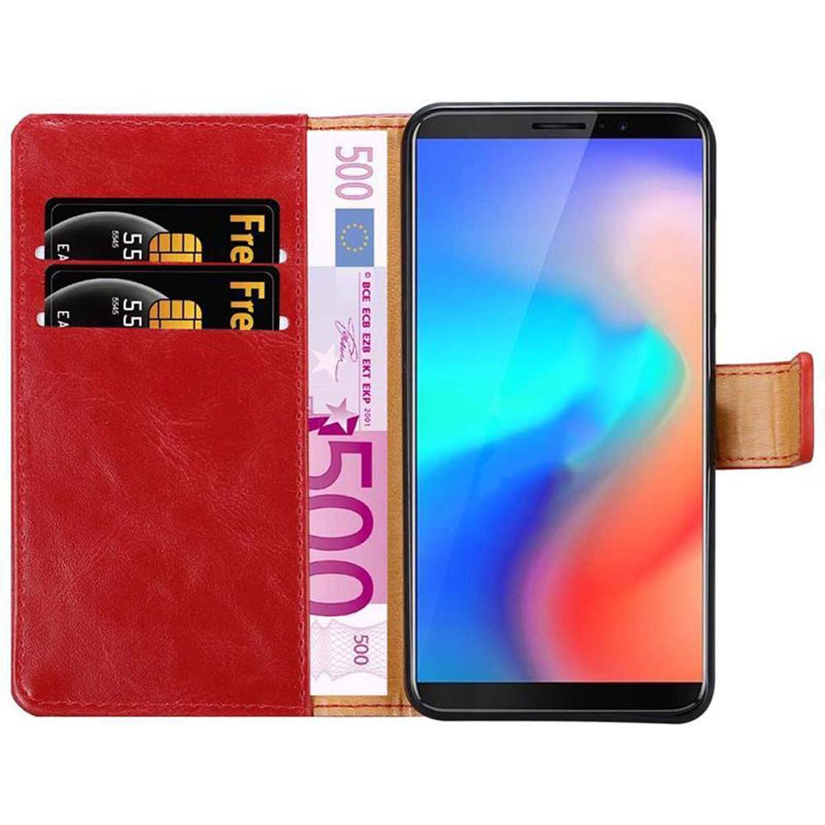 Rote Handyhülle mit Kreditkartenfächern und einer Geldtasche, die Euros enthält. Telefon ist sichtbar.