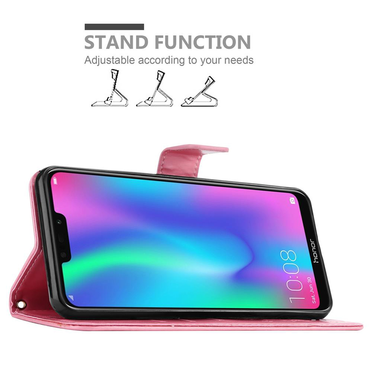 Un telefono con custodia rosa, aperto per mostrare lo schermo. Viene mostrata la funzione di supporto.