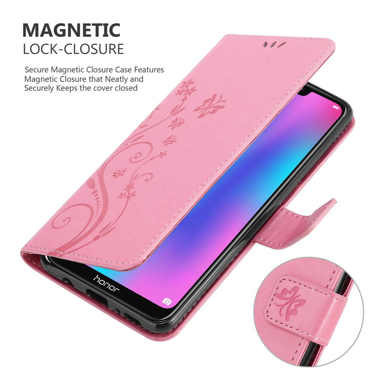 Custodia rosa aperta. Testo: Chiusura magnetica. Motivo floreale.