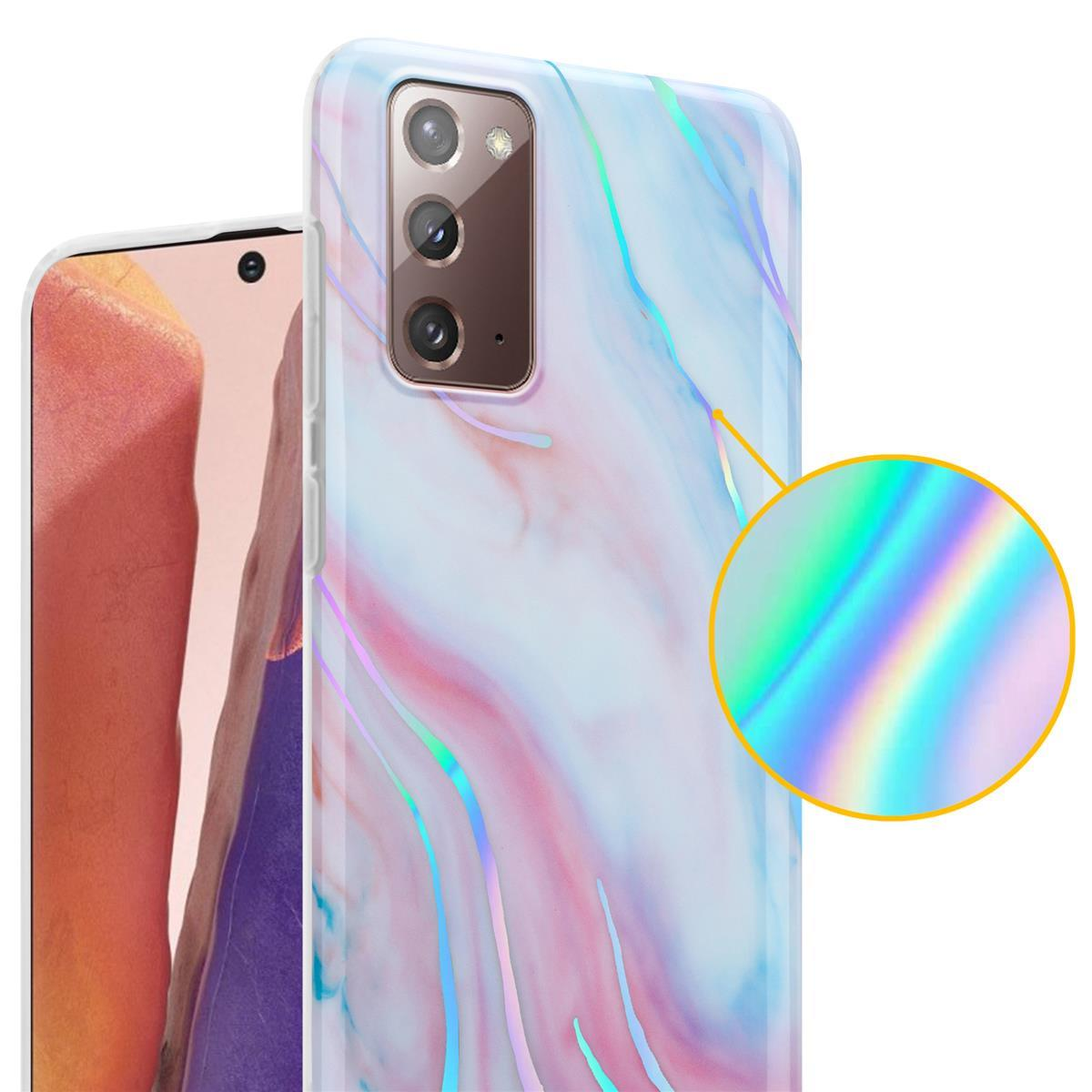 Primo piano di una custodia per telefono con design marmorizzato e colori iridescenti. C'è un telefono accanto.