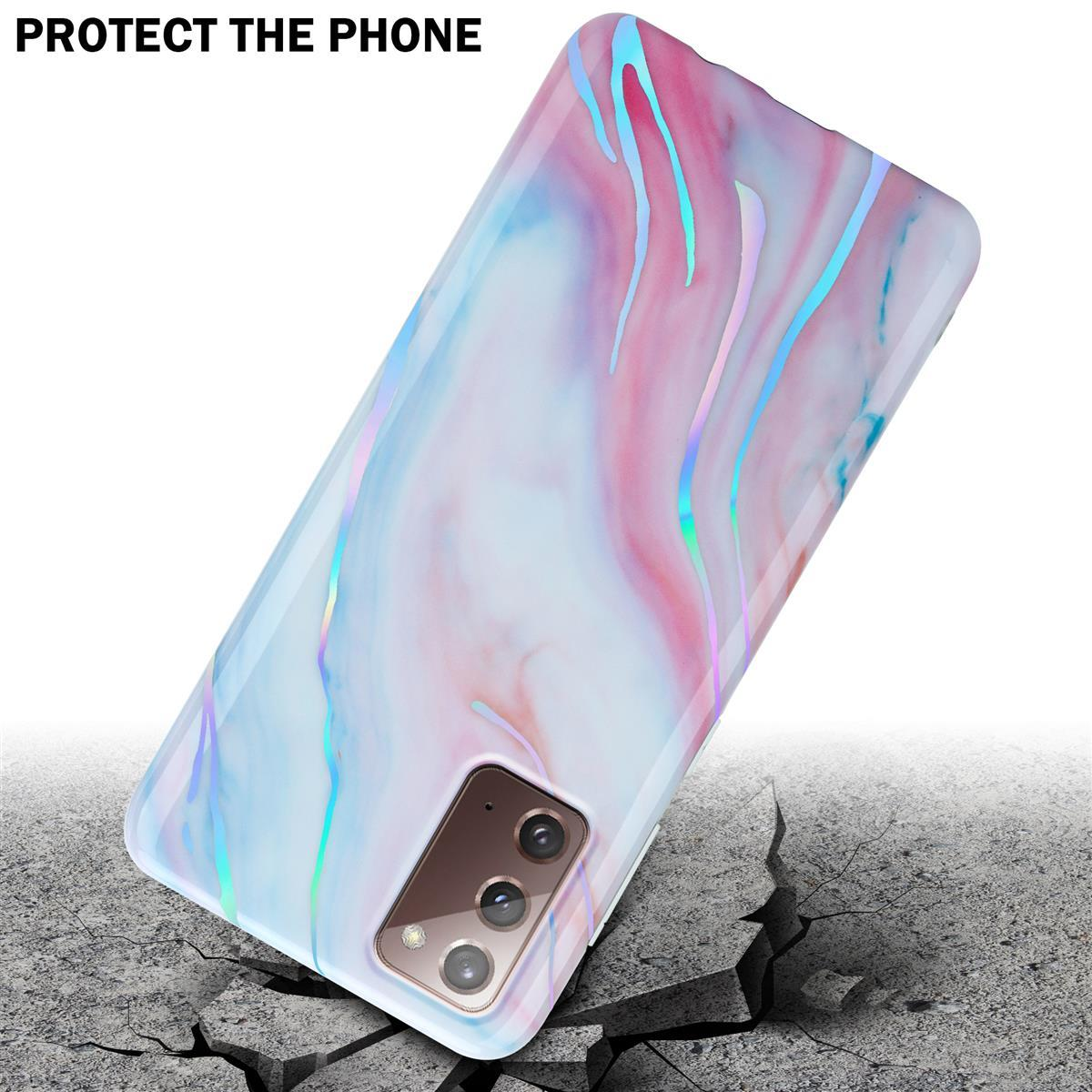 Custodia per telefono con design marmorizzato, su una superficie con crepe, protegge il telefono.