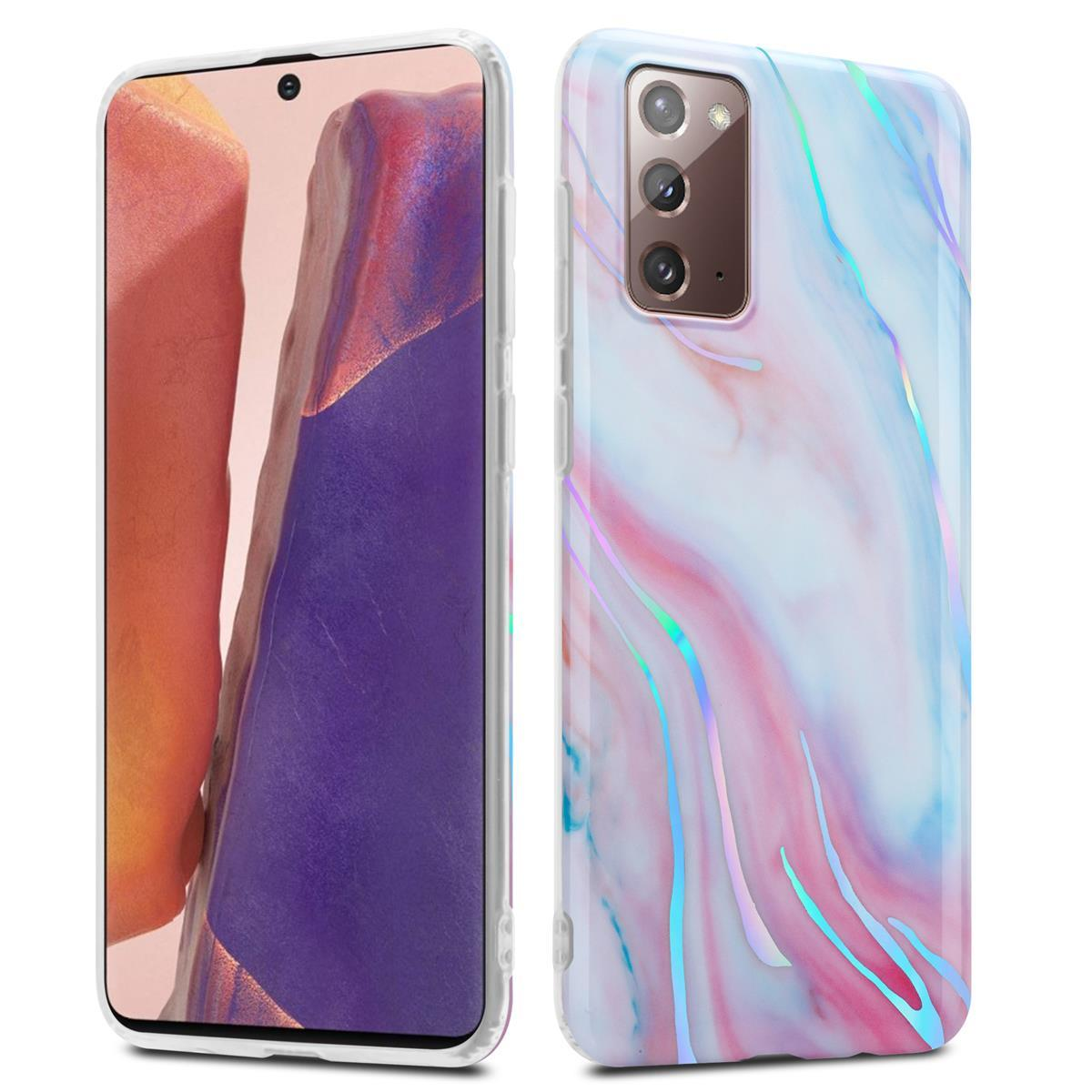 Due telefoni in custodie marmorizzate, che mostrano gli schermi.