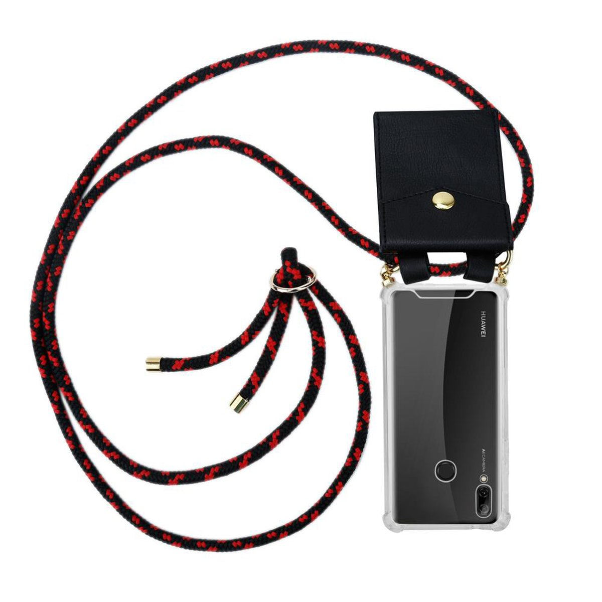 Cordino nero e rosso, telefono in custodia trasparente. Custodia nera sopra. Sfondo bianco.