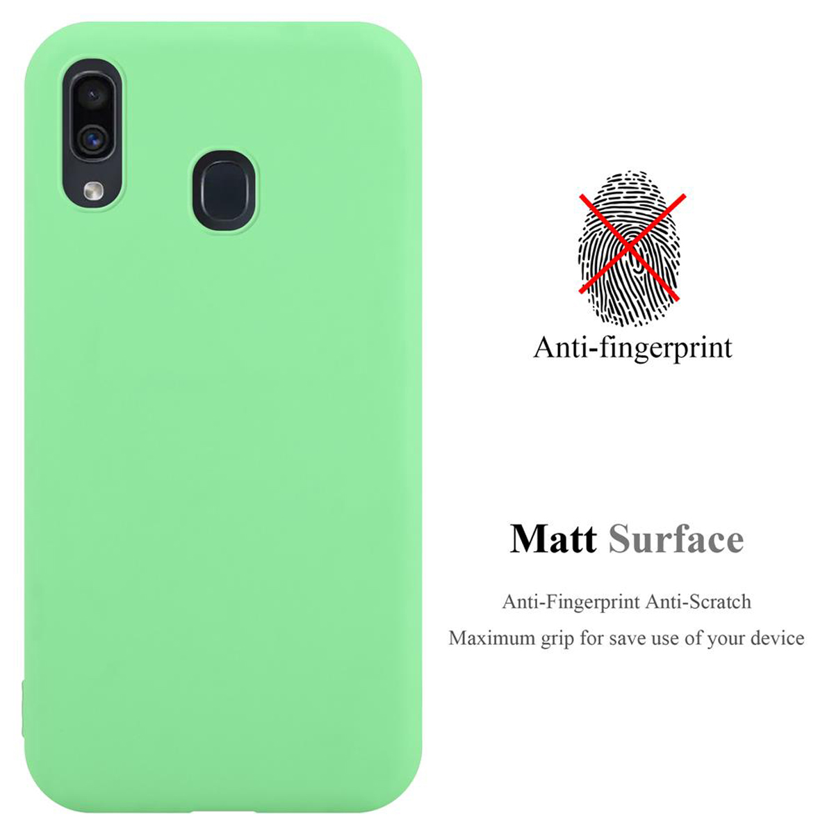 Una custodia per telefono verde chiaro con fotocamera e marchio anti-impronta, più testo.