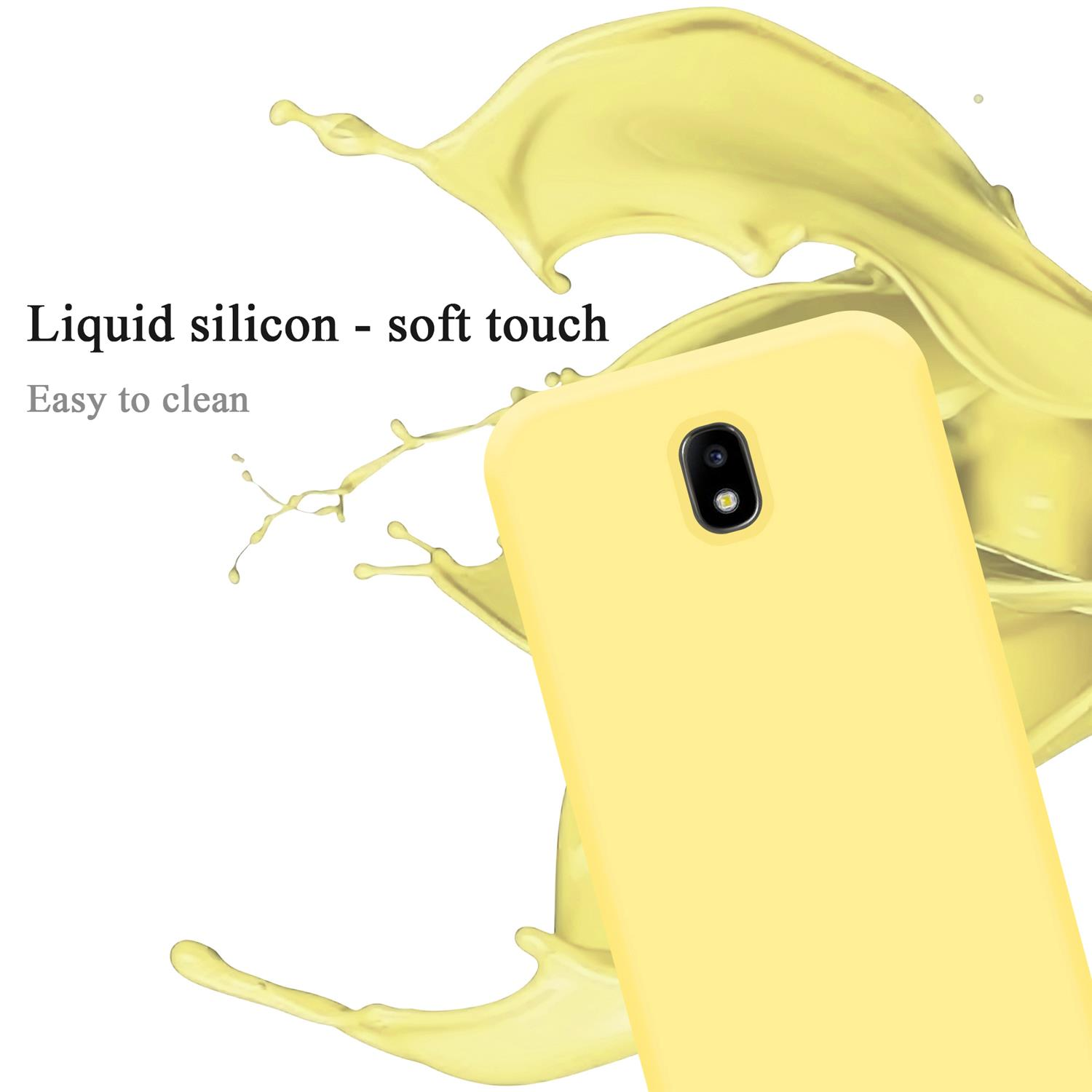 Gelbe Handyhülle mit Flüssigkeitsspritzer. Text: "Flüssigsilikon - Soft-Touch". Einfach zu reinigen.
