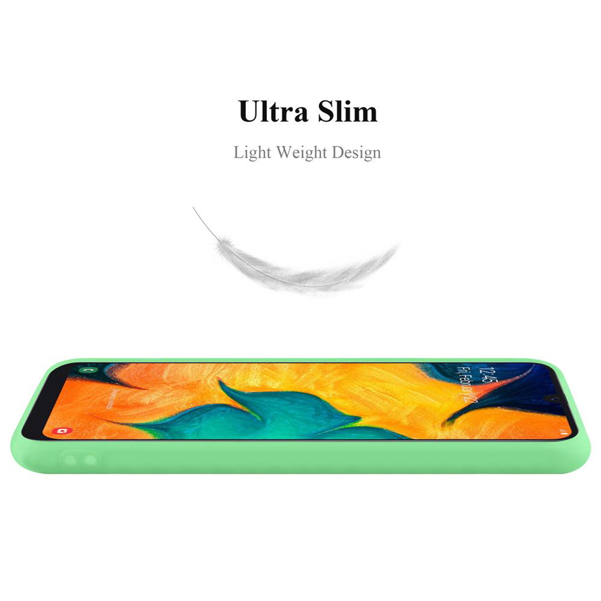 Una custodia per telefono con cornice verde. Il testo recita, Ultra Slim. Light Weight Design. Una piuma è sopra.
