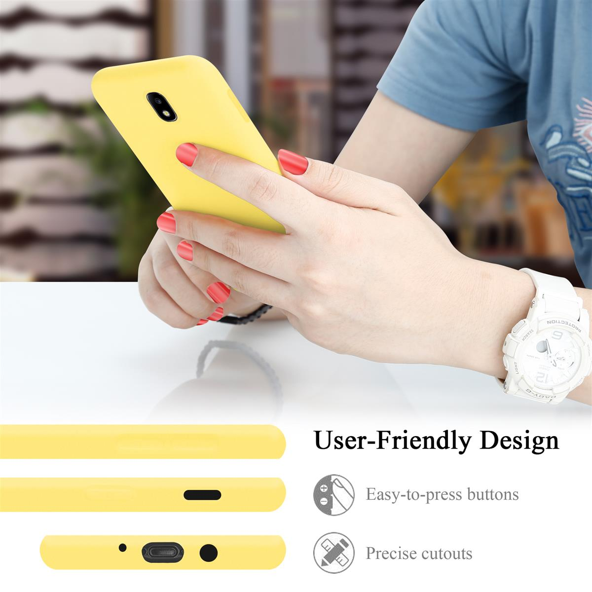 Gelbes Telefon, das von einer Person gehalten wird. Das Telefon hat ein benutzerfreundliches Design mit leicht zu drückenden Tasten und präzisen Aussparungen.