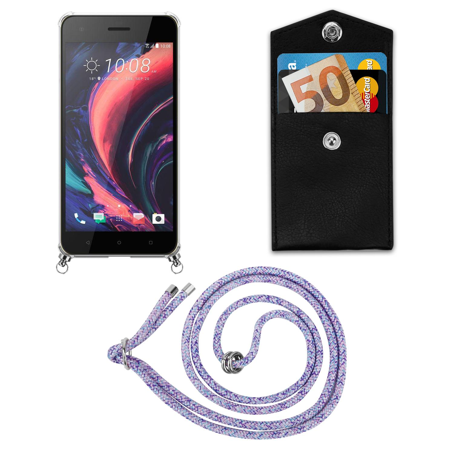 Telefon mit Lanyard, schwarze Geldbörsenhülle mit Karten, lila-weißes Lanyard.