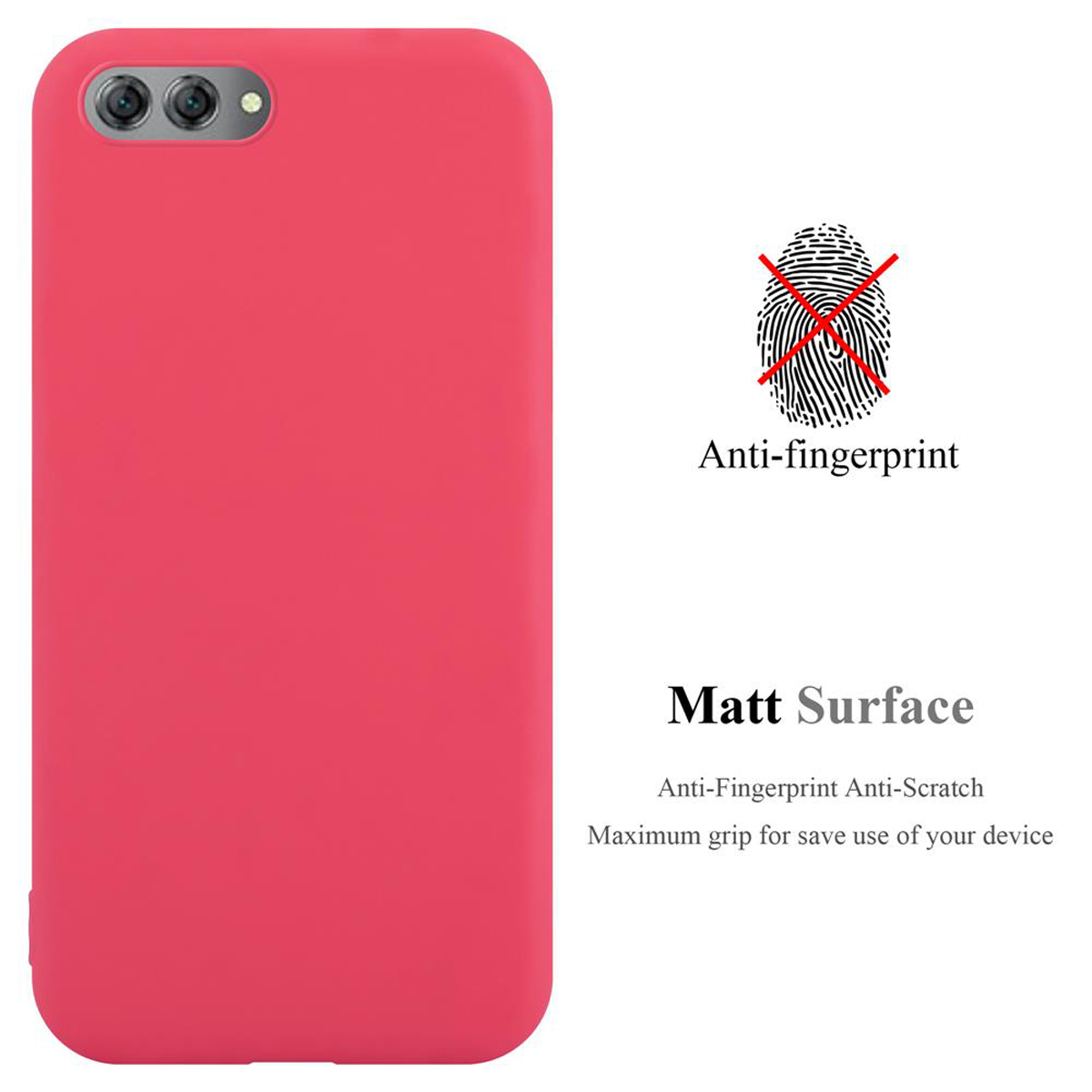 Eine rote Handyhülle mit Fingerabdrucksymbol und den Worten Anti-Fingerabdruck und Matt Surface.