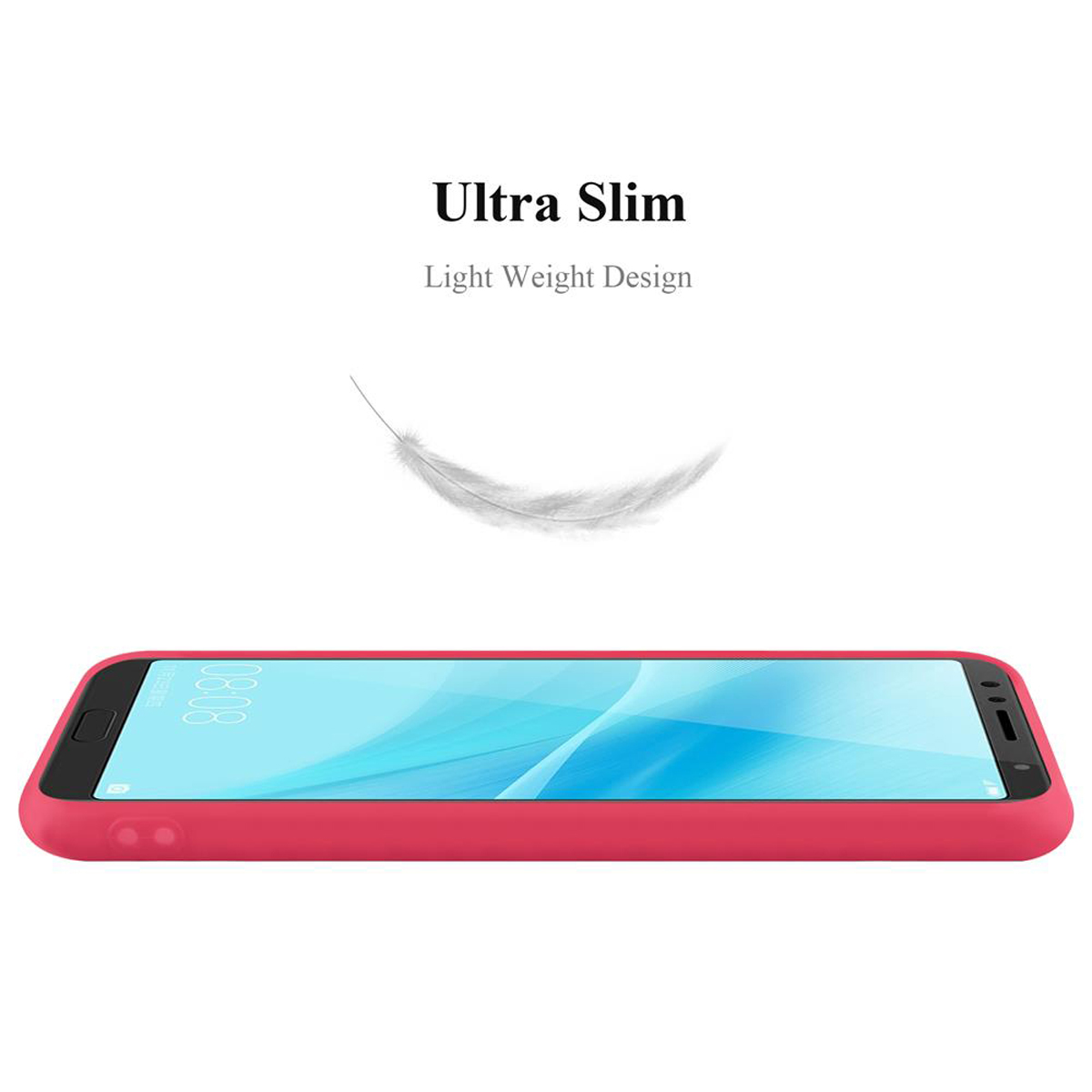 Ein Telefon in einem Gehäuse liegt flach. Über dem Telefon befinden sich der Text Ultra Slim und ein Feder-Symbol.