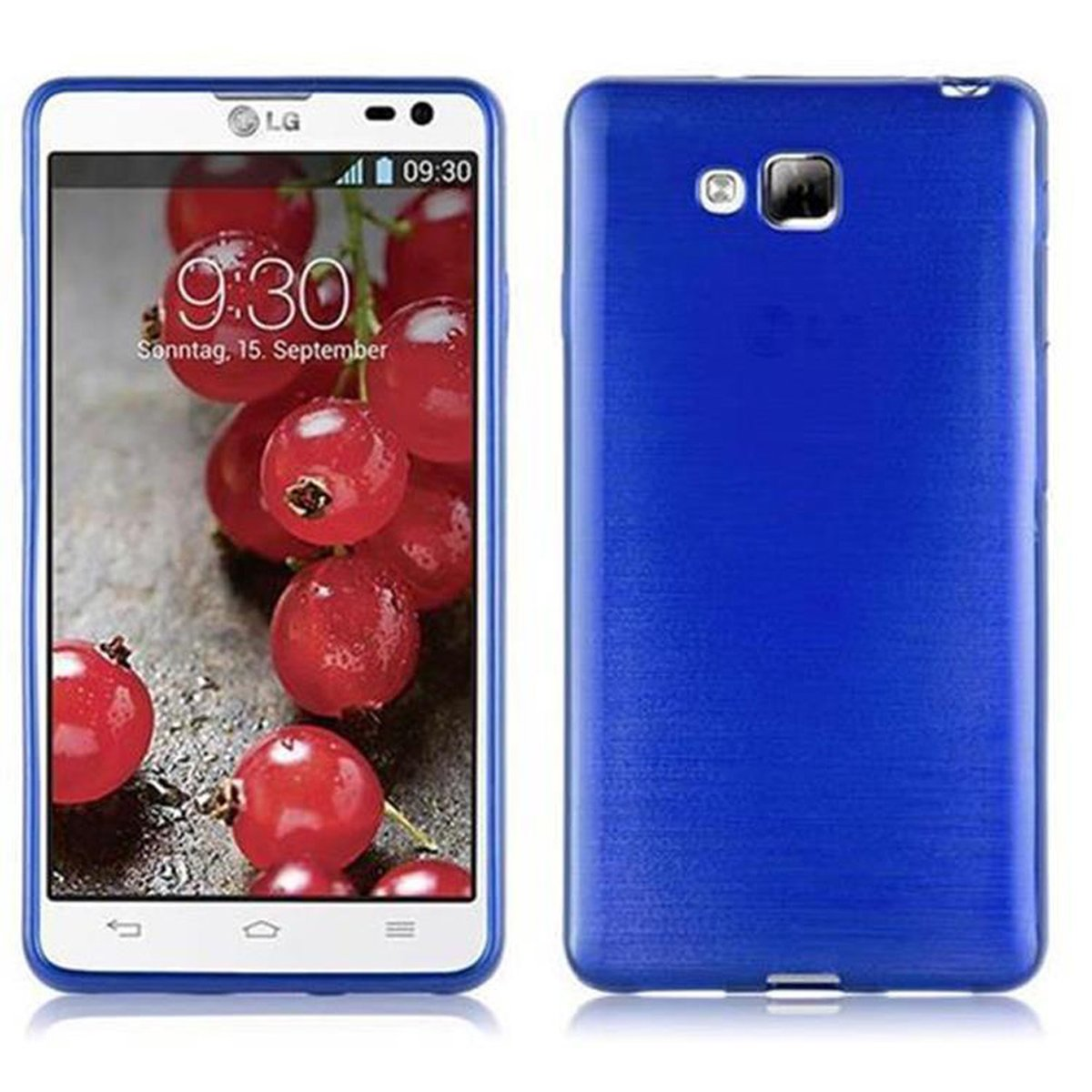 Dos teléfonos con fundas. Uno muestra la pantalla con hora y fecha. El otro es una funda azul para teléfono.