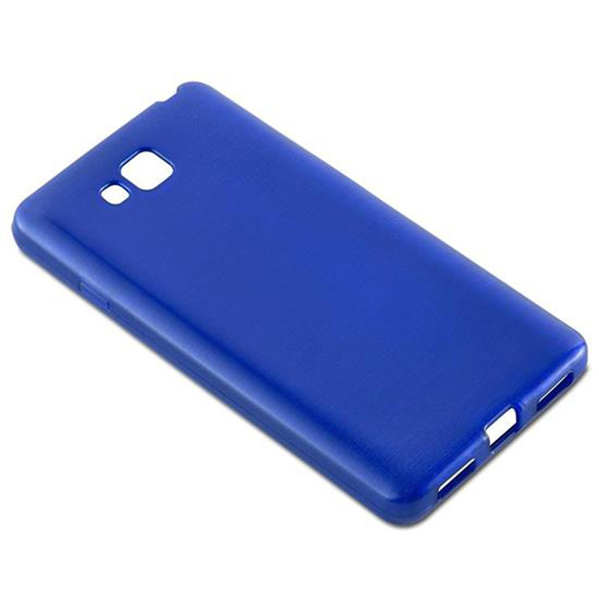 Una funda azul para teléfono sobre fondo blanco, ligeramente inclinada, con orificios para cámara y botones.