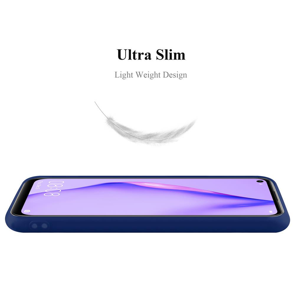 Blaue Handyhülle, Seitenansicht. Text: "Ultra Slim, Light Weight Design" und Feder.