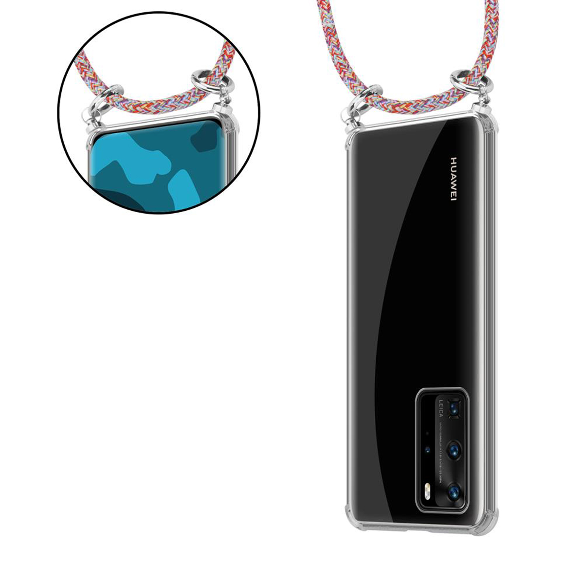 CADORABO Handy Kette mit Silber PARROT Kordel Ringen, abnehmbarer und Band / Huawei, PRO P40 P40 Hülle, PRO+, COLORFUL Backcover
