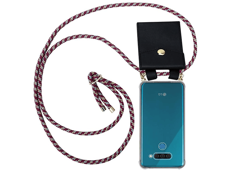 CADORABO Handy Kette mit Gold Ringen, Kordel Band und abnehmbarer Hülle, Backcover, LG, Q60, ROT GELB WEIß