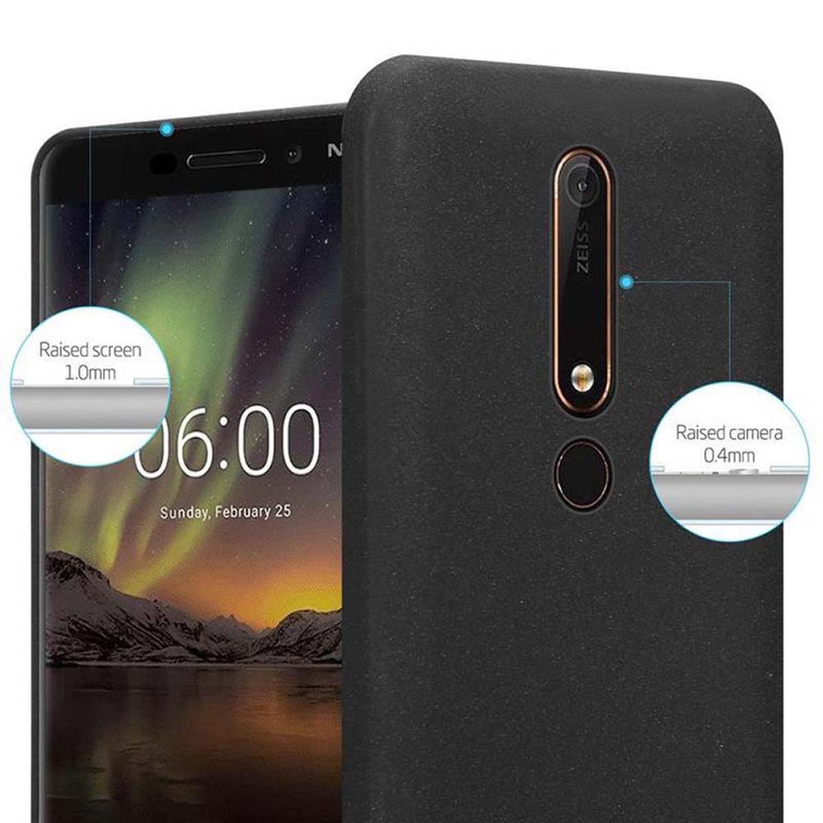 Un telefono nero e una custodia nera. Il telefono mostra l'ora e la custodia ha schermo e fotocamera rialzati.